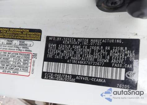 2007 Toyota Camry Le z USA, uszkodzony, nr VIN 4T1BE46K67U722677